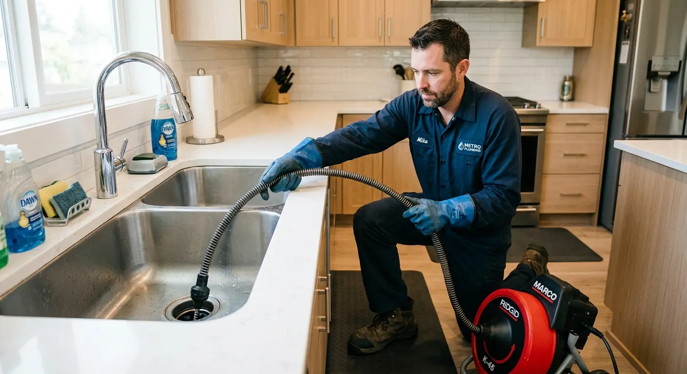 Drain cleaning technician using a motorized snake on a kitchen sink in Tiffin