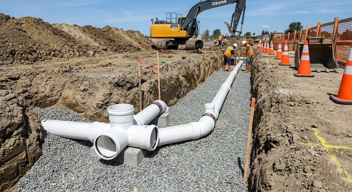 New PVC sewer pipe installation in open trench for Sewer Backup in Tiffin