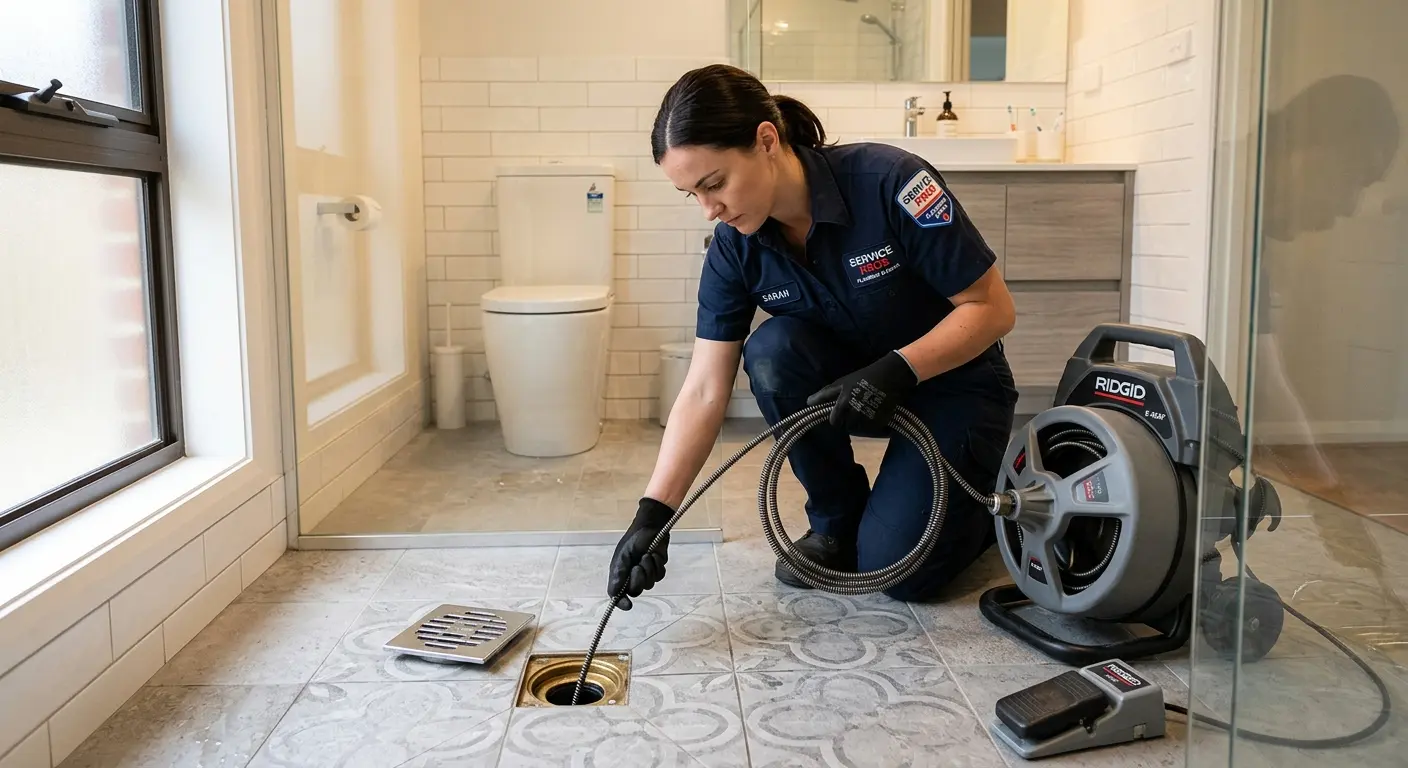 Technician clearing a bathroom floor drain for Clogged Drain Repair in Tiffin